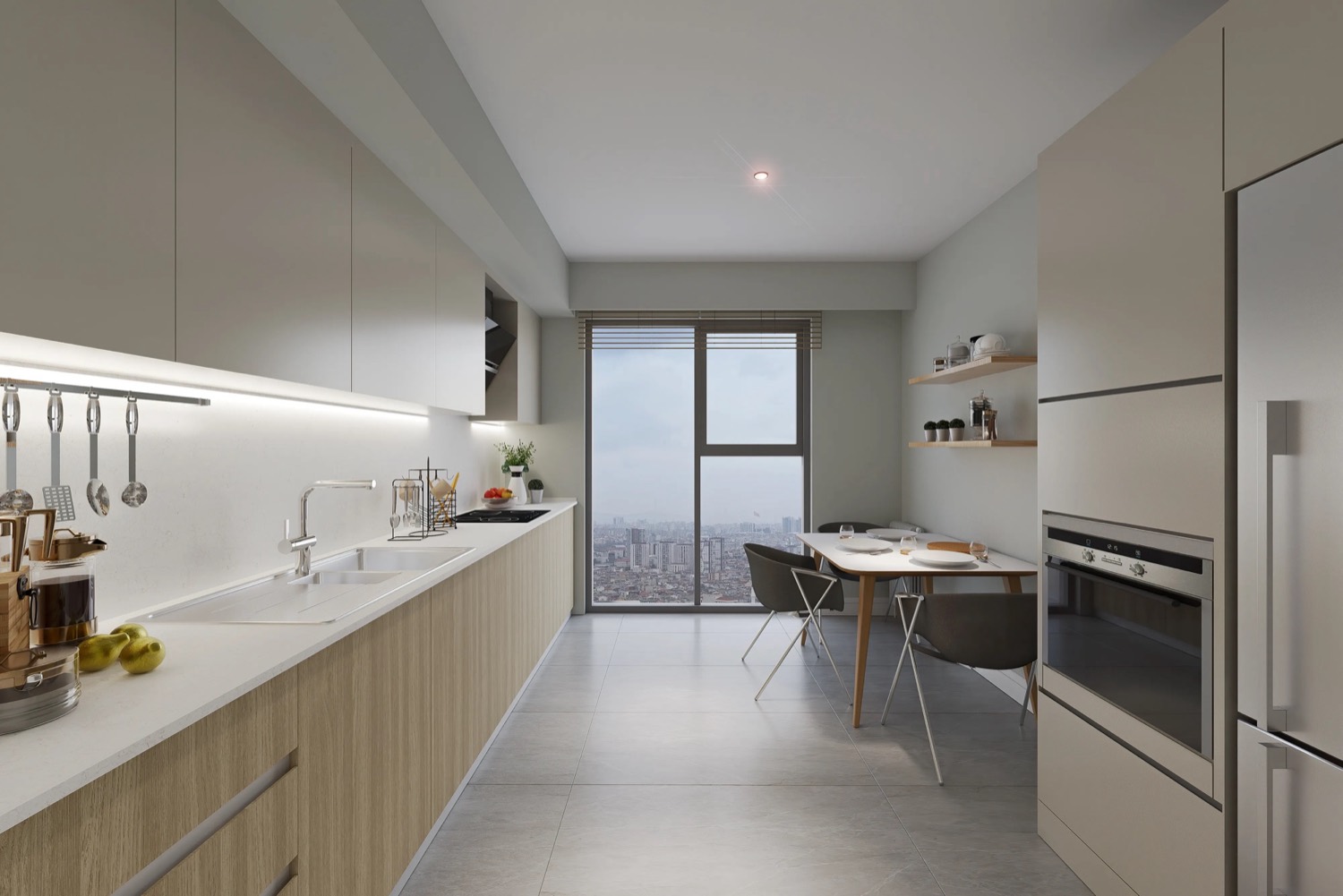 Open-plan kitchen with city view in a Basın Ekspres residence