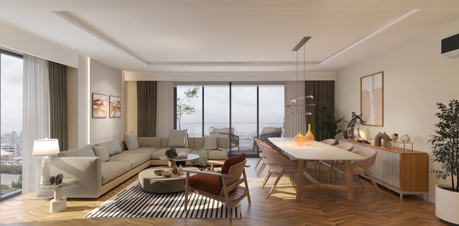 Living and dining room with an Istanbul city view